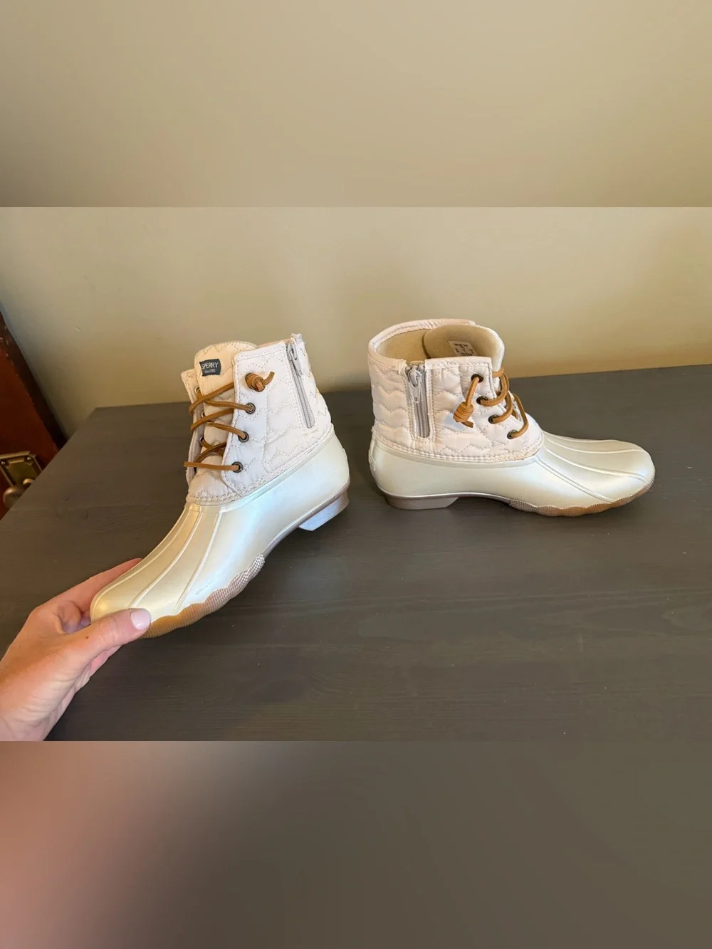 Sperry Cream Quilted Duck Boots with Tan Laces